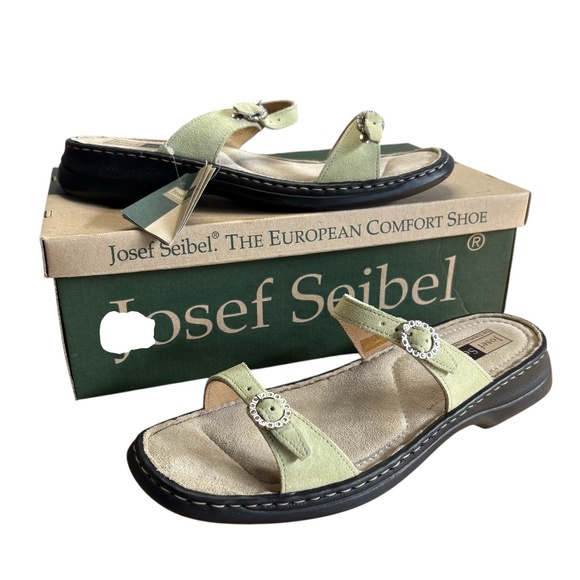 Josef Seibel Leather Sandals Size 11 NIB Mint Green Buckle Slip-On Comfort Shoes - Picture 1 of 13
